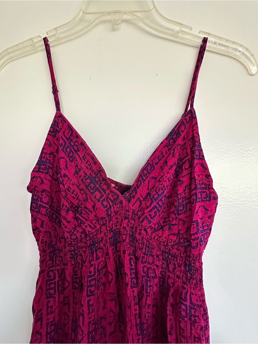 Spaghetti Strap Maxi Dress in Fuchsia Pink with Navy Pattern